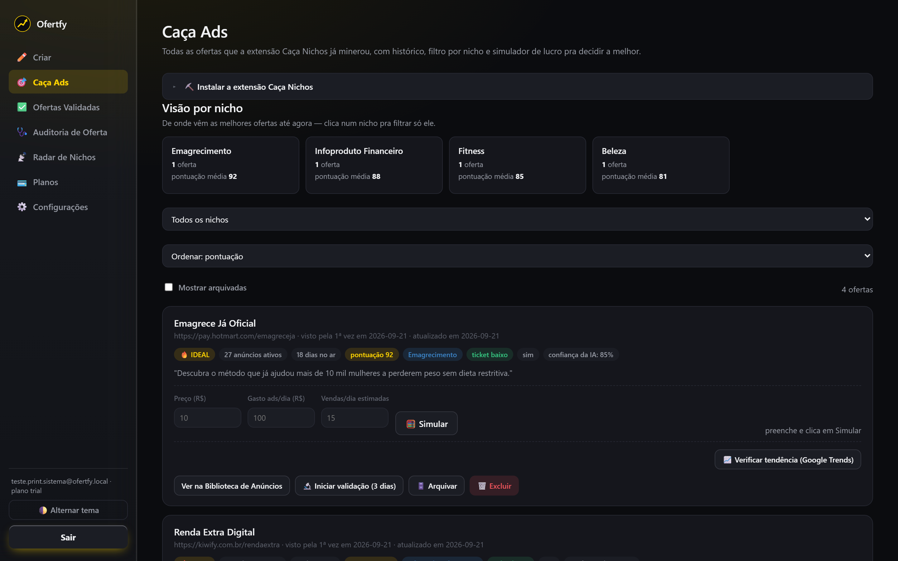 Tela Caça Ads com ofertas monitoradas