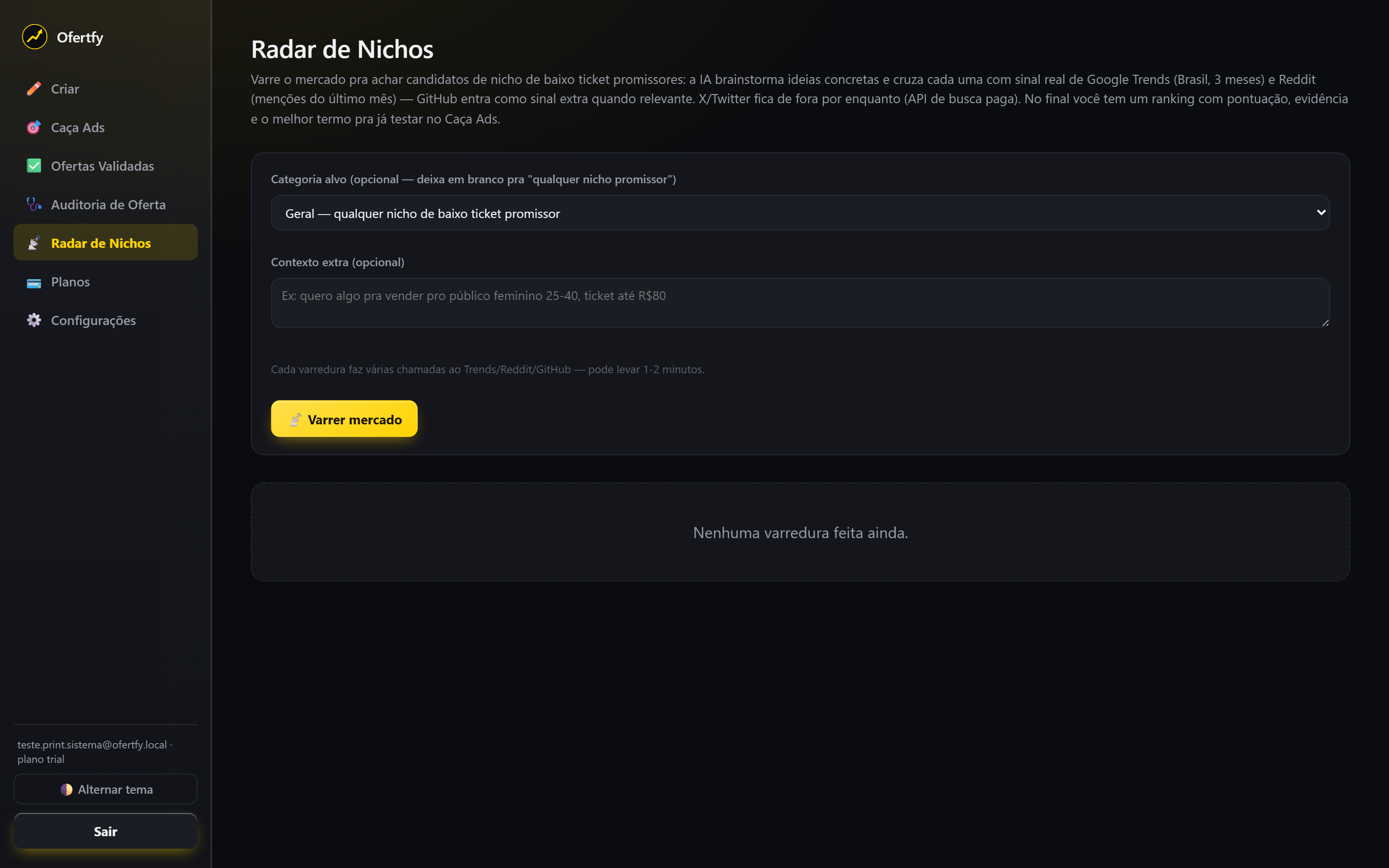 Tela de Radar de Nichos